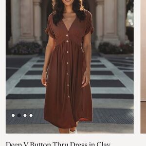 Deep V Button Thru Dress in Clay